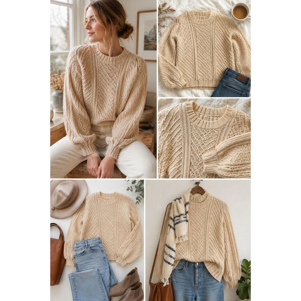 Faherty cream chunky knit sweater xs oversized fisherman cottagecore vibe